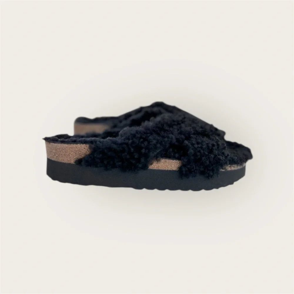 New Papillio by Birkenstock Sherling Slide Platform Sandals Black 39/8